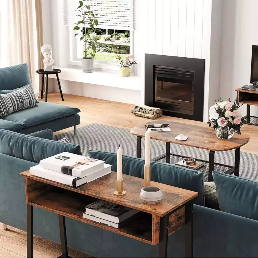 Consoletafel gangtafel stabiele console dressoir met roosterplank en open vak eenvoudige montage entree woonkamer industrieel design vintage bruinzwart LNT93X