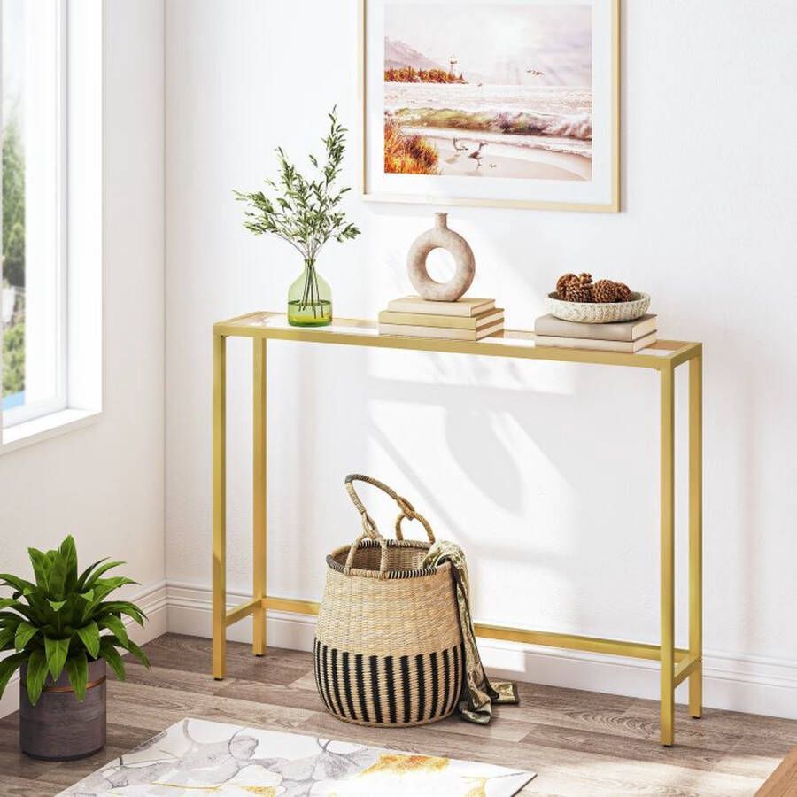Consoletafel Gehard glazen bijzettafel 100 x 35 x 80 cm Moderne banktafel Eenvoudig te monteren Verstelbare poten Woonkamer gang Goudkleurig