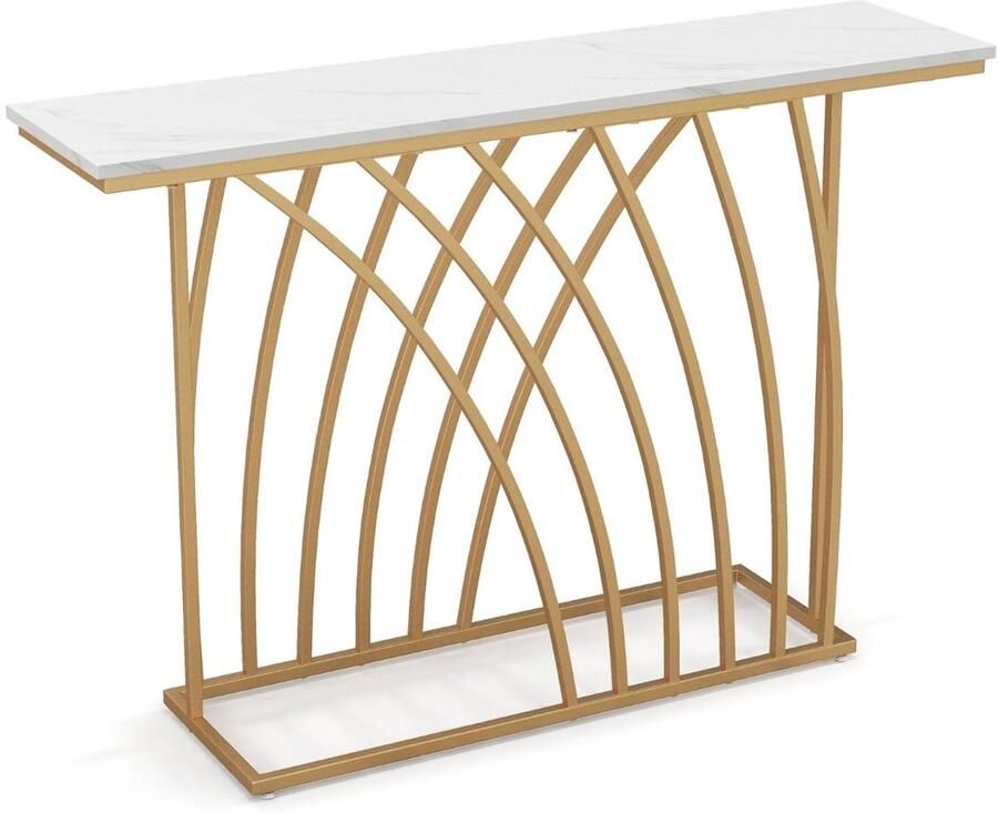 Consoletafel Halmeubel – 120×30×80 cm Kunstmarmer Blad Modern Geometrisch Ontwerp Goud Metalen Frame Inclusief Anti-Kantelset Wit Goud