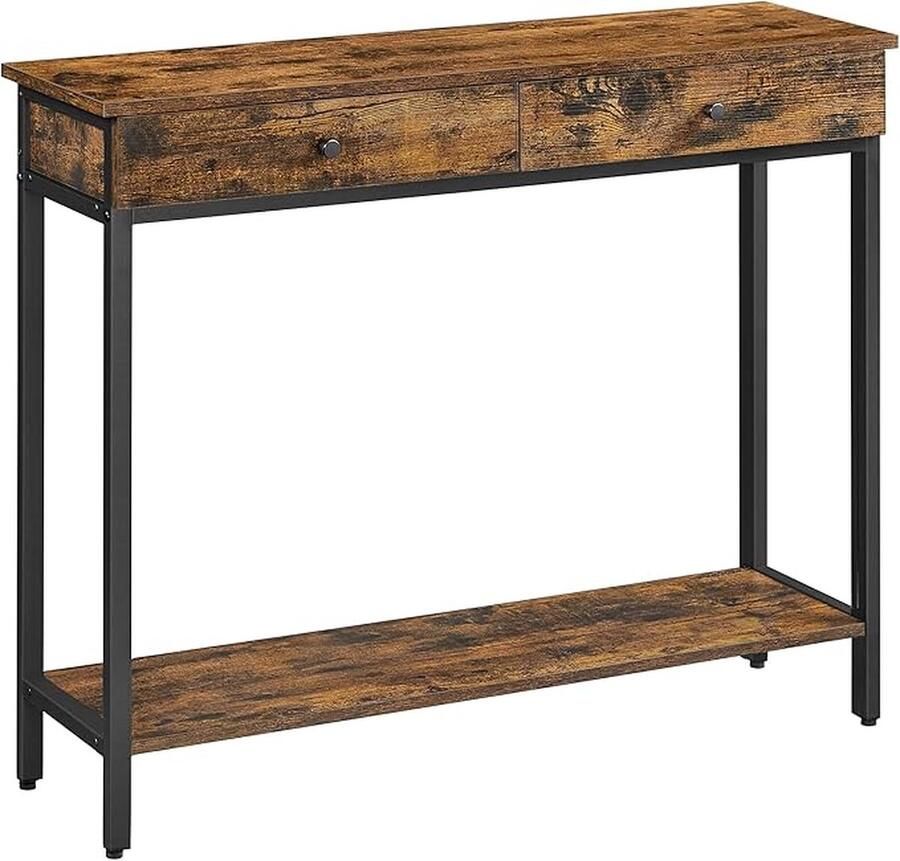 Consoletafel Haltafel Bijzettafel Salontafel met 2 Laden Stalen Frame Hal Woonkamer Industrieel Ontwerp Vintage Bruin Inktzwart