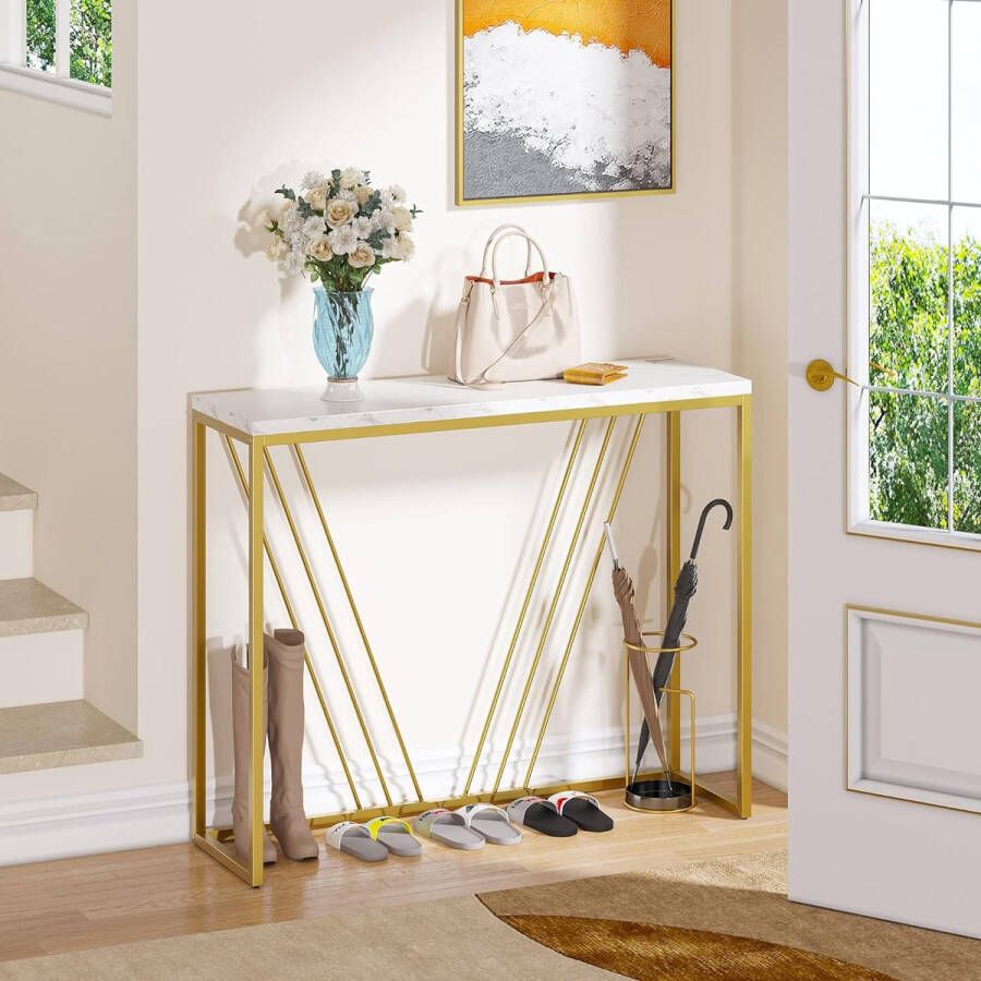 Consoletafel haltafel decoratieve tafel dressoir bijzettafel metalen frame eenvoudige montage verstelbare poten voor entree hal woonkamer goud
