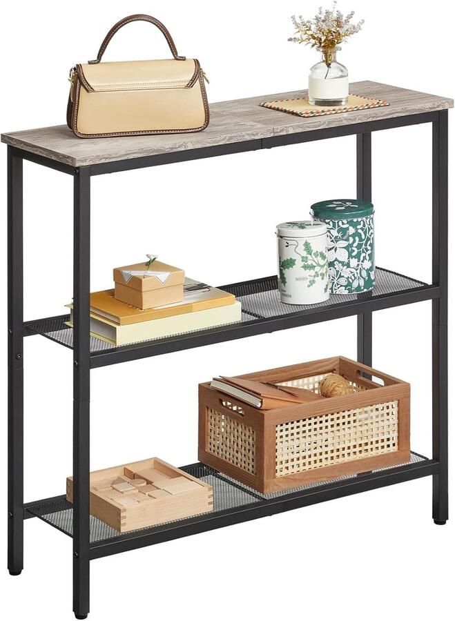 Smalle consoletafel bijzettafel met 2 planken banktafel metalen frame in industrieel design voor hal entree woonkamer slaapkamer en kantoor greige-zwart