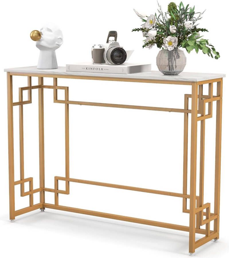 Consoletafel marmer goud toegangstafel smal gangtafel met geometrisch metalen frame banktafel bijzettafel 110 x 30 x 81 cm voor woonkamer hal entree