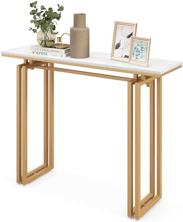 Consoletafel marmerlook bijzettafel smal met metalen frame kantelbeveiliging en verstelbare voetkussens gangtafel entreetafel modern voor woonkamer entree 110 x 30 x 81 cm (goud)