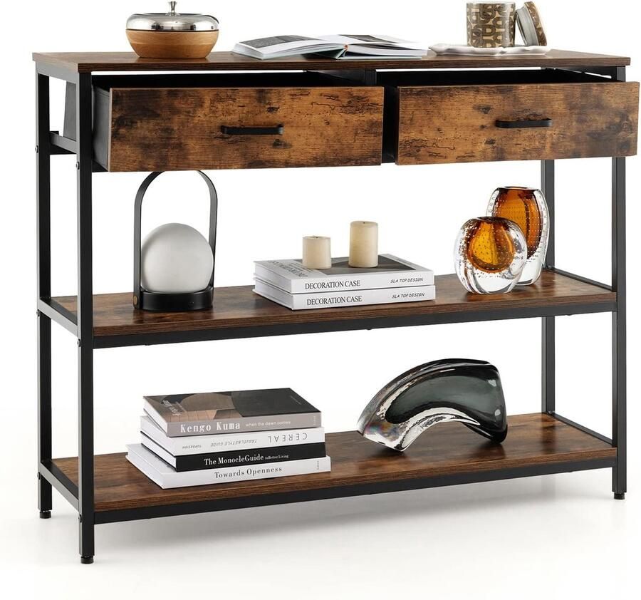 Consoletafel met 2 Laden en Planken – Industriële Haltafel van 100 x 30 x 80 cm – Smalle Entreetafel met Metalen Frame voor Woonkamer en Hal