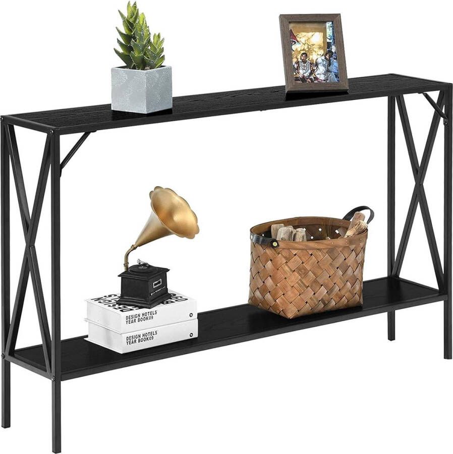 Consoletafel met 2 niveaus metalen frame houten staande kast bijzettafel smalle kantelbeveiliging voor ingang woonkamer en slaapkamer 120 x 23 x 74 cm (zwart)