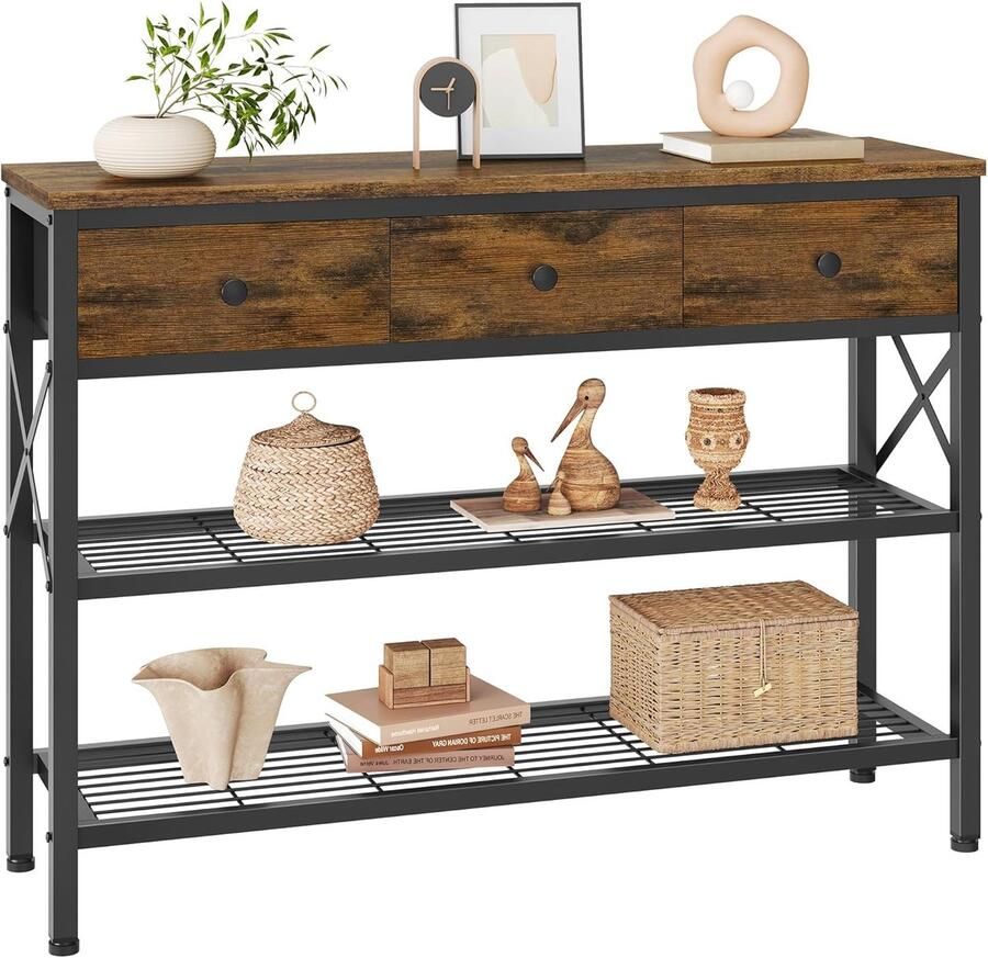 Consoletafel met 3 laden en 2 open planken – Industriële houten haltafel vintage stijl – 101 x 29 5 x 76 5 cm