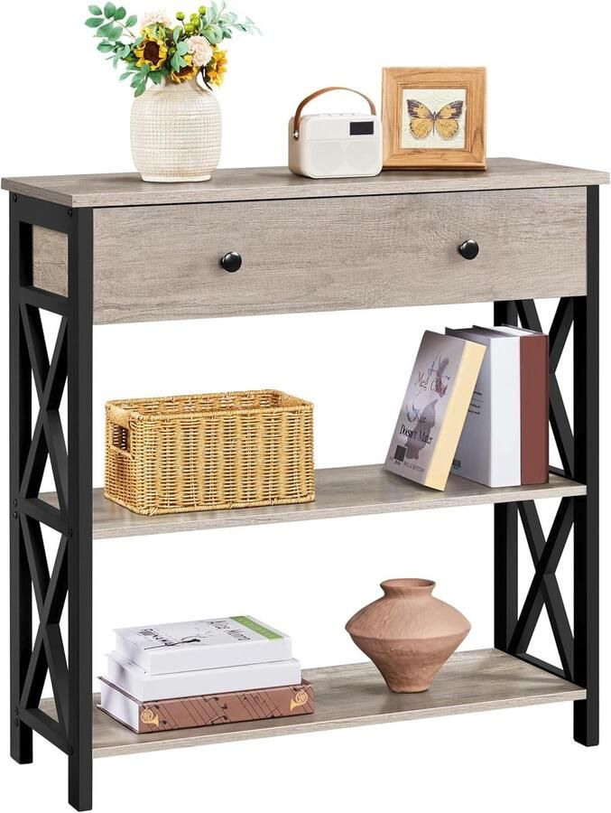 Consoletafel met lade en planken Smalle gangtafel met industrieel ontwerp