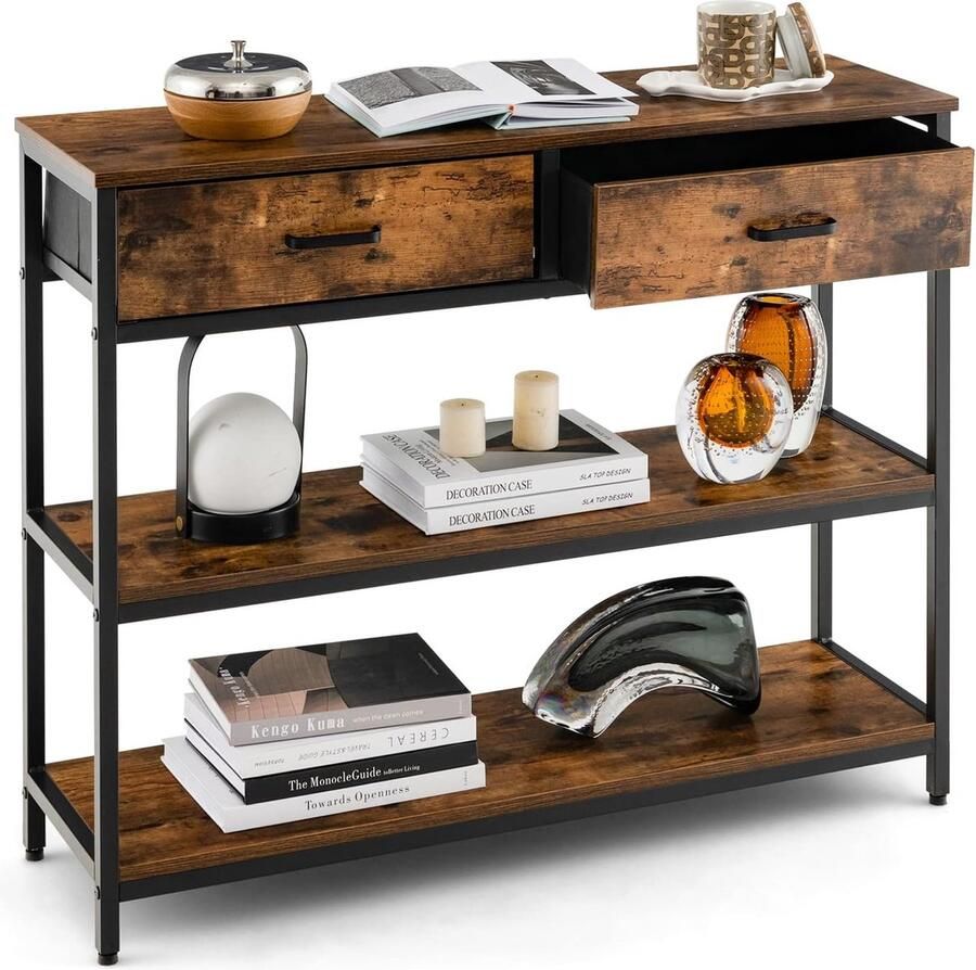 Consoletafel met lade haltafel smalle 3-niveaus bijzettafel met metalen frame hout 100 x 30 x 80 cm vintage