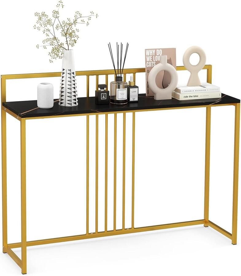 Senza Marchio Consoletafel met marmerlook bijzettafel goud gangtafel modern metalen frame entreetafel hout 120 x 32 5 x 88 cm (zwart)