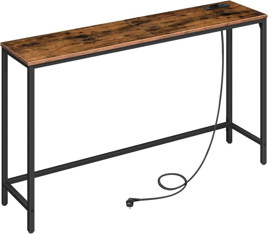 Consoletafel met stopcontact en USB-poorten smalle tafel met laadstation voor hal of foyer – Vintage bruin en zwart