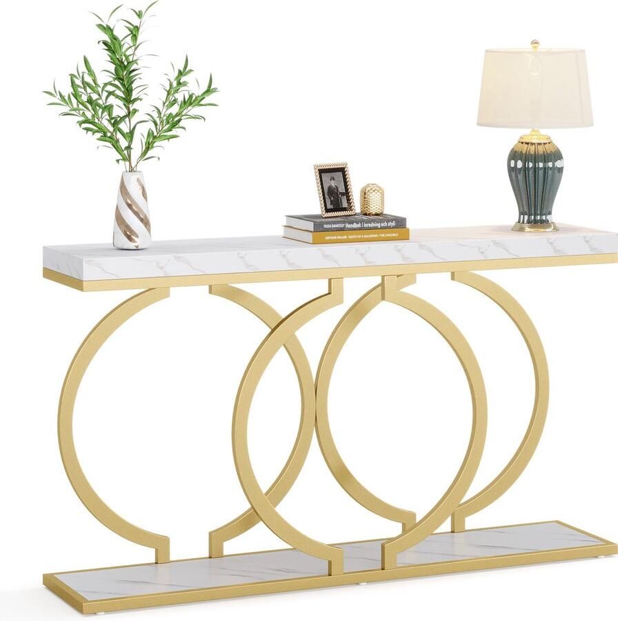 Consoletafel Sidetable met O-vormige Gouden Metalen Poten Haltafel Wandtafel 140x30x80 cm Goud en Wit Metaal en Hout Modern Console Tafel