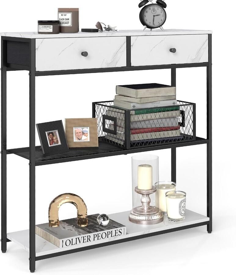 Consoletafel smal – bijzettafel met 2 stoffen laden haltafel voor hal en woonkamer 24 x 76 x 80 cm marmerwit-inktzwart