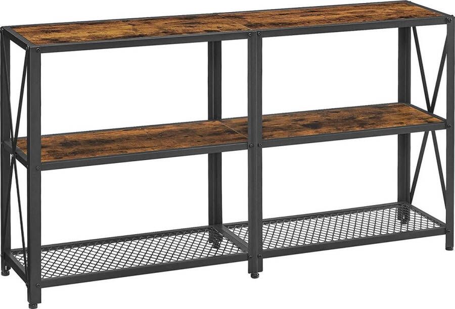 consoletafel smalle haltafel met 3 niveaus open legplanken sofatafel 140 x 30 x 75 cm metalen frame bijzettafel industrieel ontwerp woonkamer hal vintage bruin-zwart