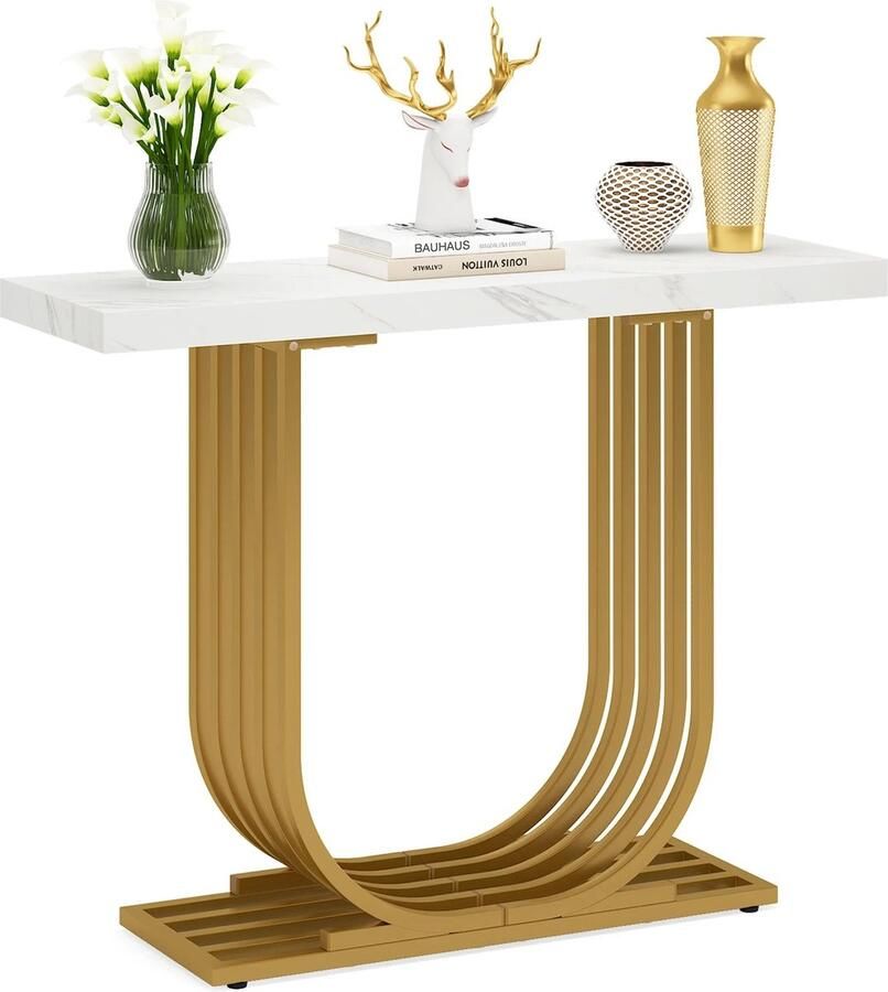 Consoletafel – Wandtafel – Haltafel – Bijzettafel Salontafel – 100 x 30 x 80 cm Wit en Goud – Metalen Frame