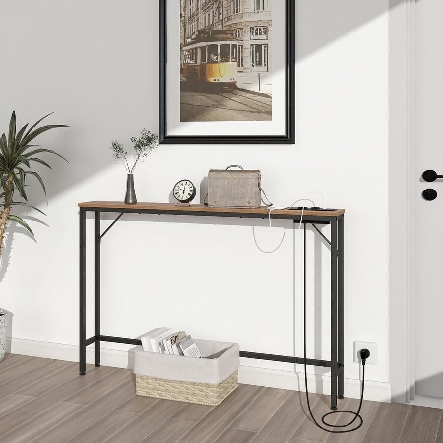 Consoletafel Wandtafel Haltafel Sidetafel met Laadstation USB-Poorten Smalle Haltafel Industrieel Moderne Stijl met Stabiel Stalen Frame voor Woonkamer Hal Kantoor 120 x 15 x 80 cm Vintage Bruin