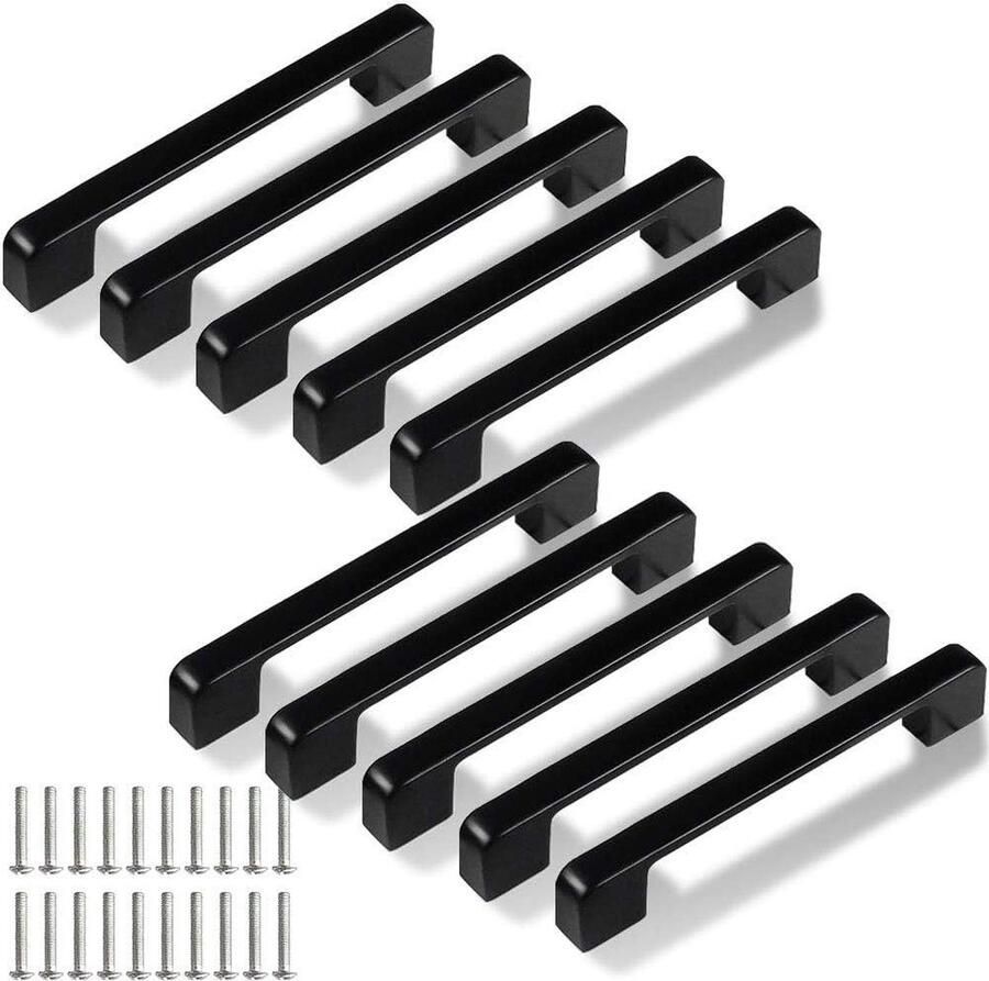 Content in HTML Lucy Wei 128mm Black Cupboard Handles- Pack of 10 Square Drawer Handles for Kitchen and Bathroom Cabinets- Includes 20 Screws