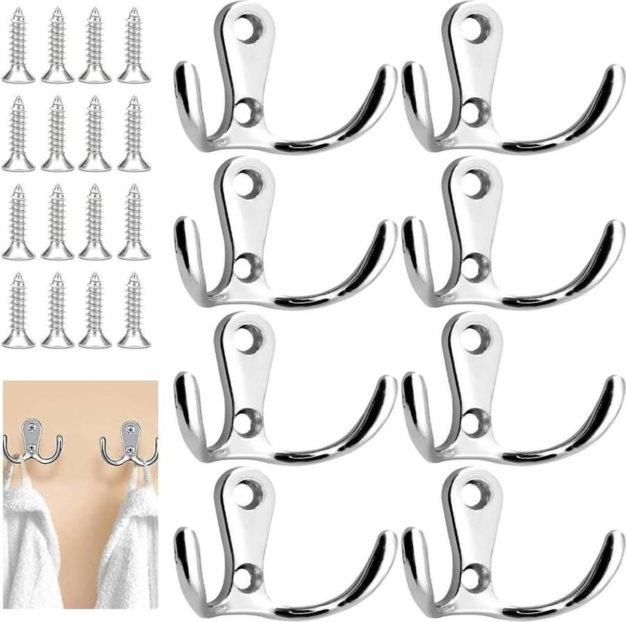 Contetn in html Set van 8 stuks dubbele metalen kledinghaken retro wandgarderobe Inclusief 16 schroeven Zilver en zwart S