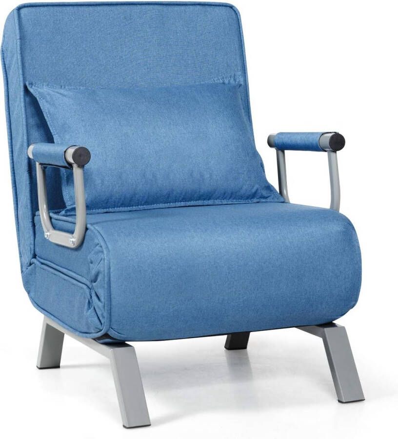 Converteerbare slaapbank slaapstoel met 5 posities verstelbare rugleuning opklapbare armleunstoel gestoffeerde sofabed relaxfauteuil met kussen voor thuis kantoor (Blauw)