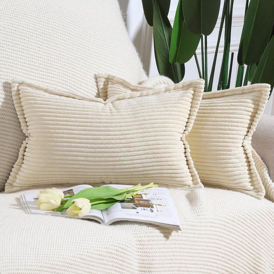 Corduroy Boho Kussenslopen Zacht Decoratief Kussenhoesje Set van 2 Franje Rand Bank Slaapkamer Kussenomslag 30x50 cm Beige kussensloop 30x50