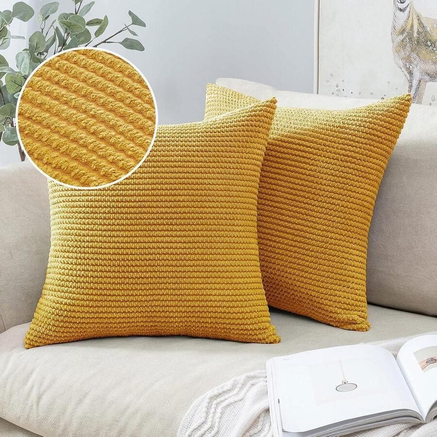 Corduroy kussenhoezen Set van 2 decoratieve vierkante kussenslopen voor bank slaapkamer woonkamer huis 40 x 40 cm in kurkuma