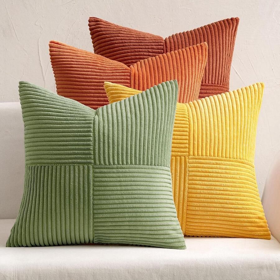 Corduroy Kussensloop Patchwork Set van 4 Zacht Sierkussen met Moderne Onzichtbare Ritssluiting Oranjegroen Serie 45 x 45 cm Voor Bank Woonkamer Slaapkamer