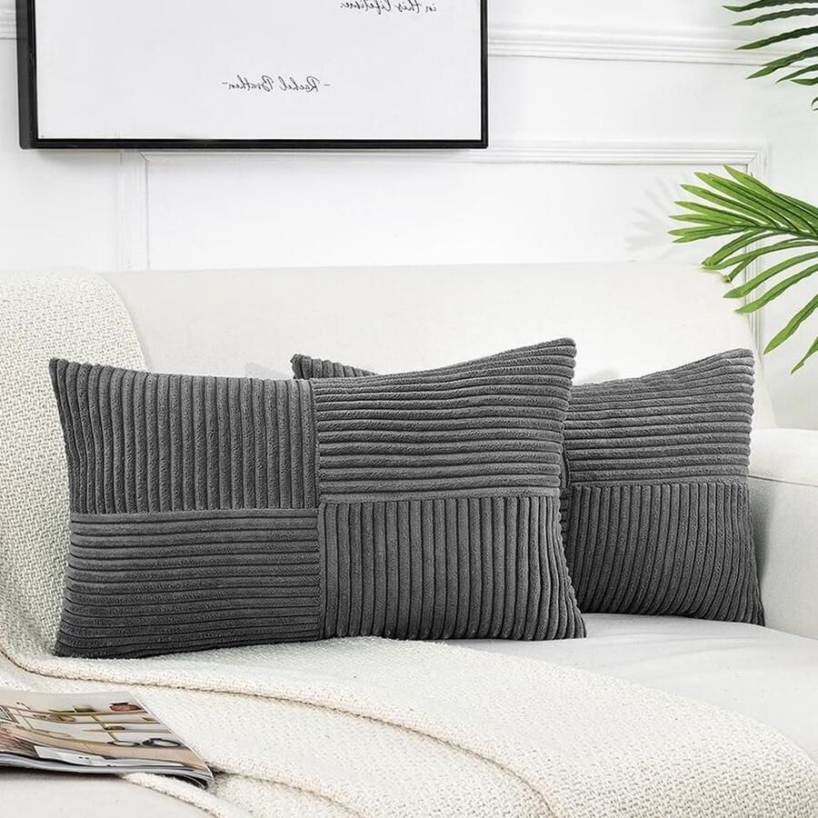 Corduroy kussenslopen 30 x 50 cm donkergrijs pluizig decoratief klassiek patroon kruisstrepen onzichtbare ritssluiting voor bank en bed thuis kussensloop 30x50