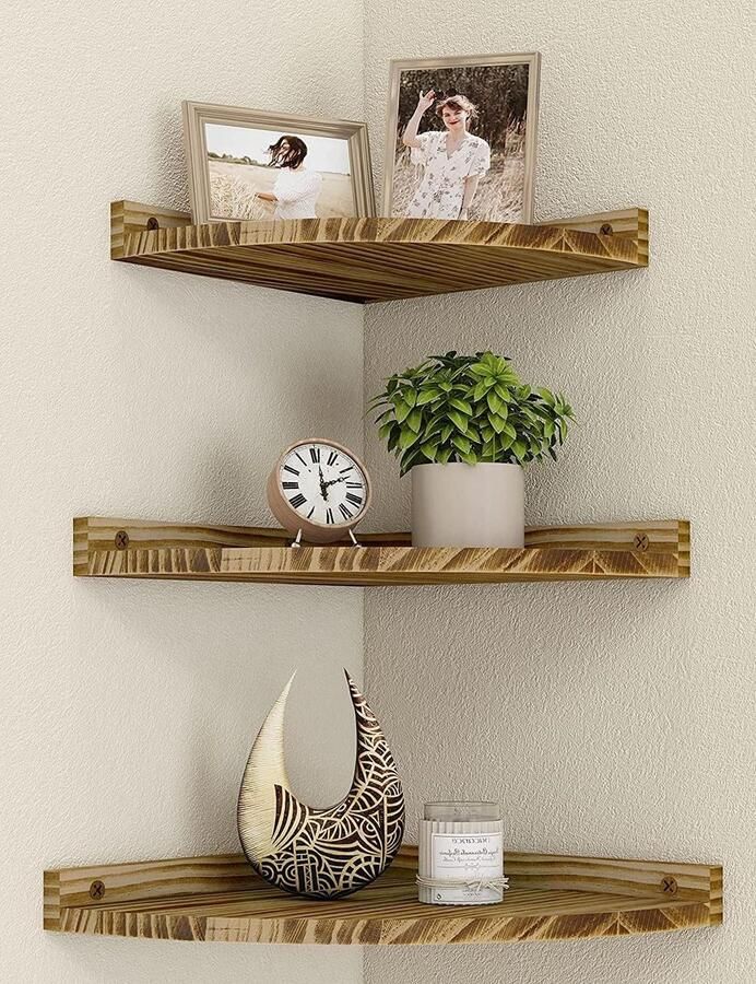 Hangende hoekplank houten vintage zwevende planken 3-delige set rustieke hoekplanken wand boekenkast ronde zwevende plank badkamer keuken slaapkamer woonkamer