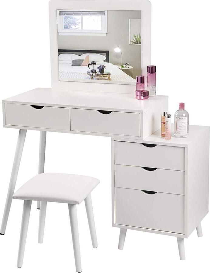Rootz Living Rootz cosmetische kaptafelset met kruk kaptafel make-upstation voldoende opbergruimte veelzijdig ontwerp ingebouwde grote spiegel MDF en glas 80 cm x 40 cm x 125 cm
