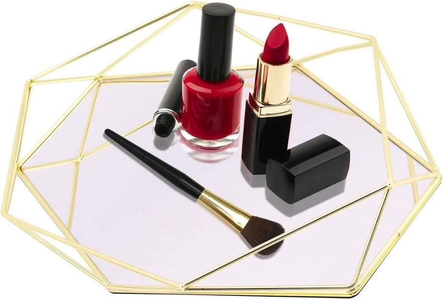 Cosmetische Organisers Polygoon glas gespiegeld make-up lade metalen decoratieve lade voor ijdelheid dressoir badkamer slaapkamer (goud)