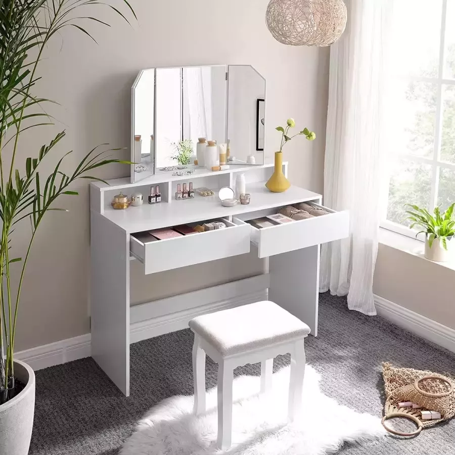 Cosmetische tafel met 3 open compartimenten MET GRATIS kantoor kruk