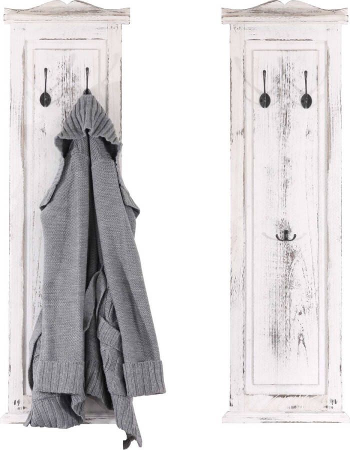 Cosmo Casa Set van 2 kapstokken Wandkapstok- Kapstokpaneel- Houten wandhaken 109x28x4cm Wit shabby