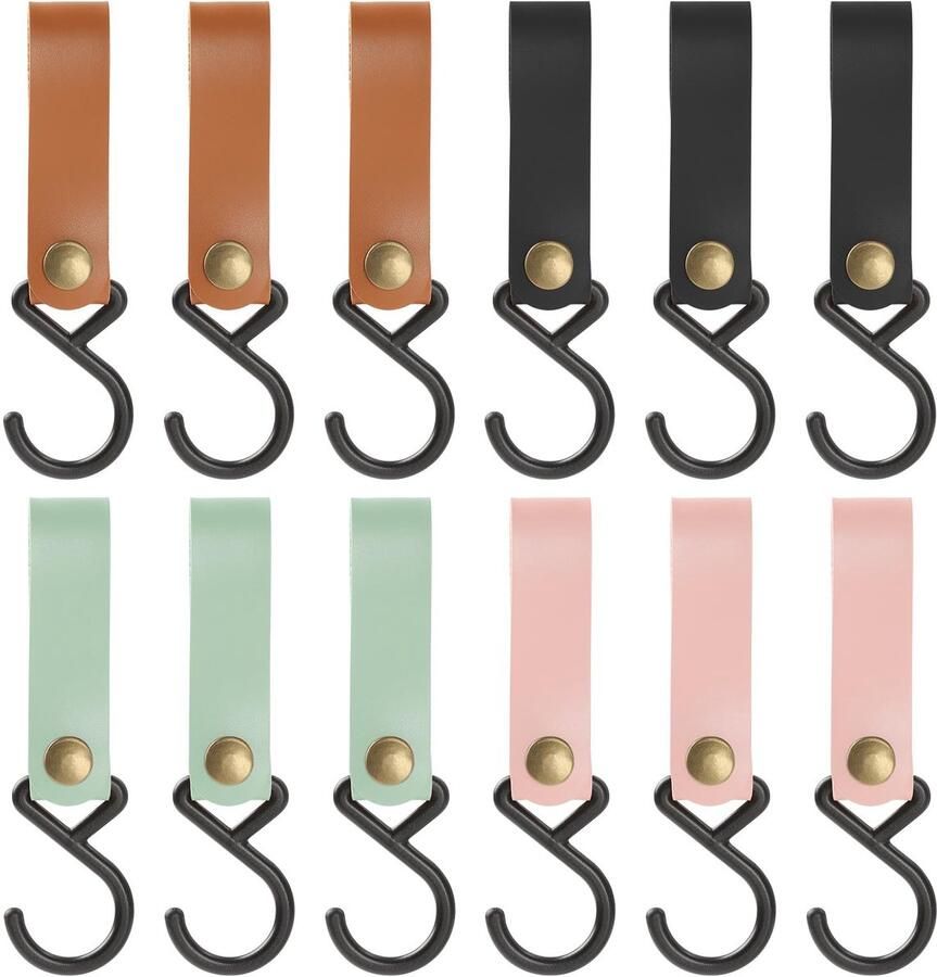 Cosswe 12-pack haken voor kledingrek leren S-haken met leren lus kampeerhaken multifunctionele haken metalen S-vormige haken om op te hangen voor jassen handdoeken keuken kinderwagenhaken