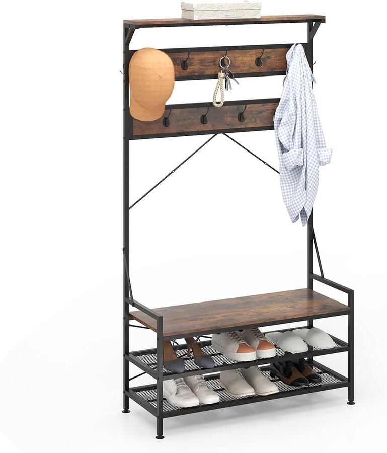 COSTWAY 184 cm kapstok met schoenenrek met garderobe kledingrek met zitbank incl. 11 haken voor hal woonkamer slaapkamer metalen frame (bruin)