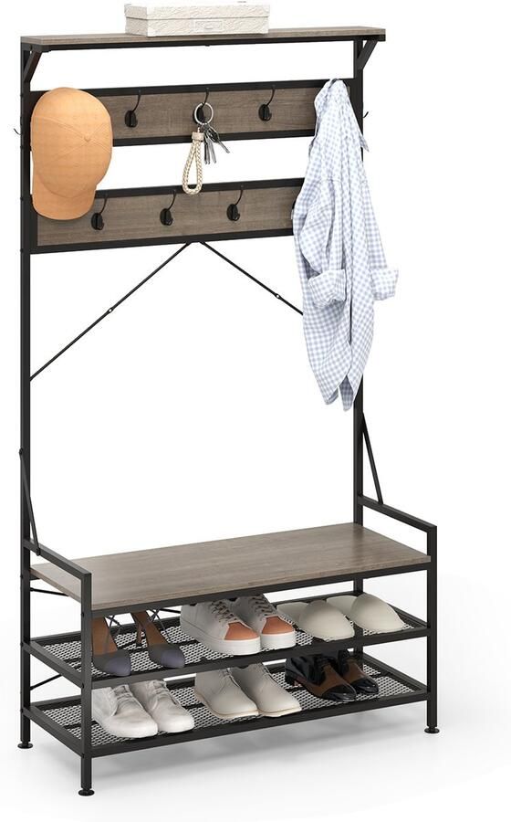 COSTWAY 184 cm kapstok met schoenenrek met garderobe kledingrek met zitbank incl. 11 haken voor hal woonkamer slaapkamer metalen frame (grijs)