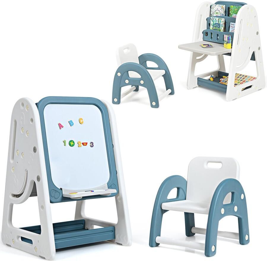 COSTWAY 2-in-1 kinderezel & kinderzitgroep met boekenkast kindertafel & stoel met opbergplank en inklapbaar tafelblad staand bord met schilderaccessoires (blauw)