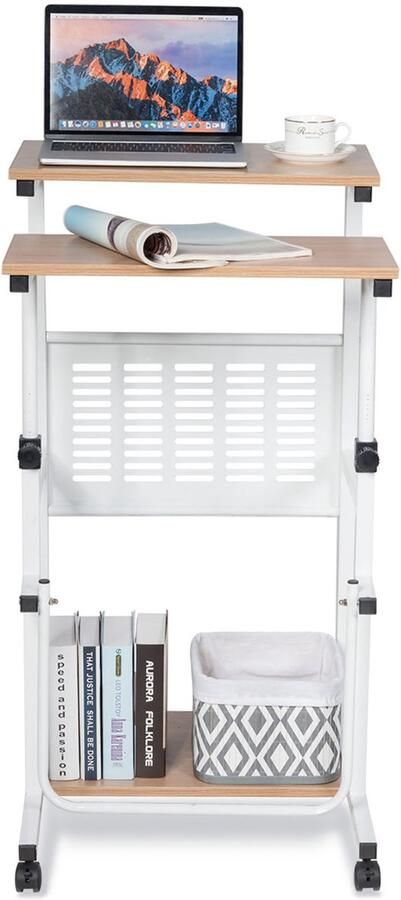 COSTWAY 2-in-1 laptoptafel en bureau met wieltjes staande zittafel in hoogte verstelbaar computertafel pc-tafel staand voor thuis en op kantoor