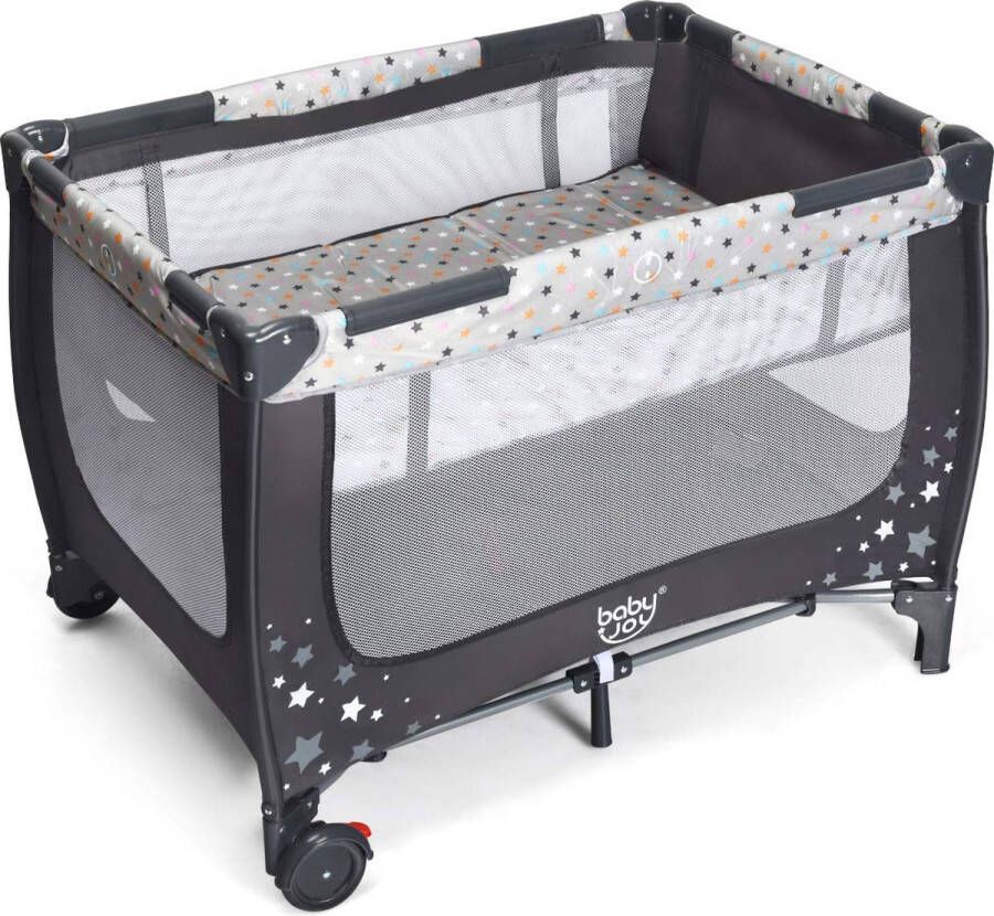 COSTWAY 2-in-1 reisbed en box inklapbaar 120 x 60 cm kinderbed 2 niveaus babybed met matras en draagtas grijs