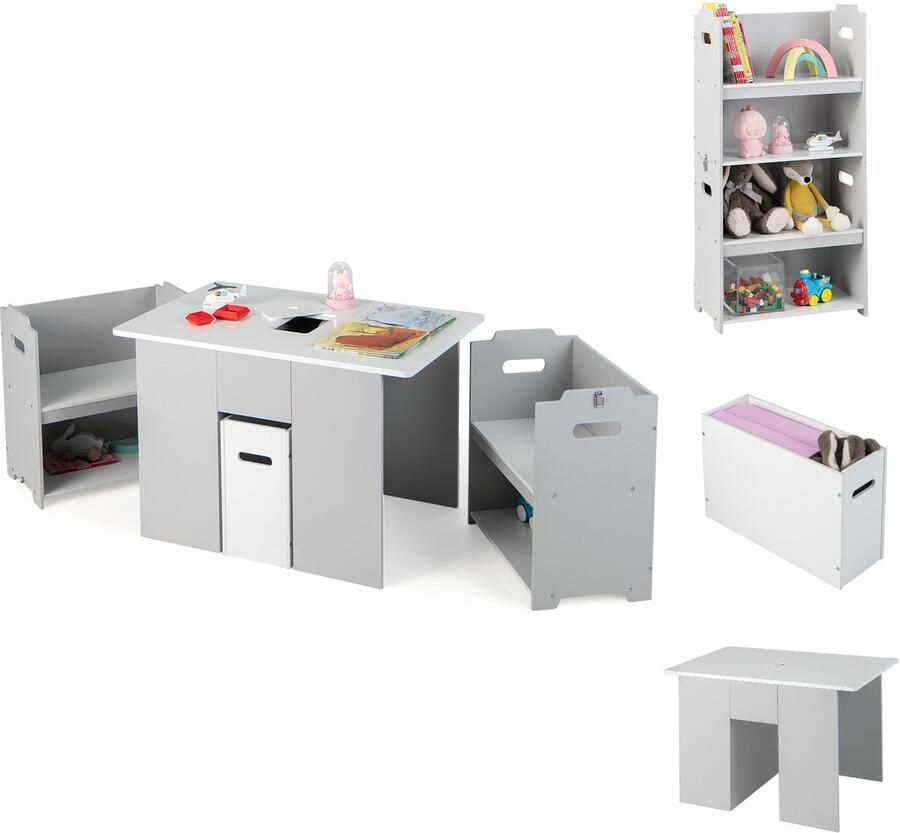 Costway 3-delig kinderzitgroep kindertafel met 2 stoelen 4-in-1 activiteitentafel met opbergruimte en afneembaar deksel multifunctionele kinderzitset voor peuters grijs