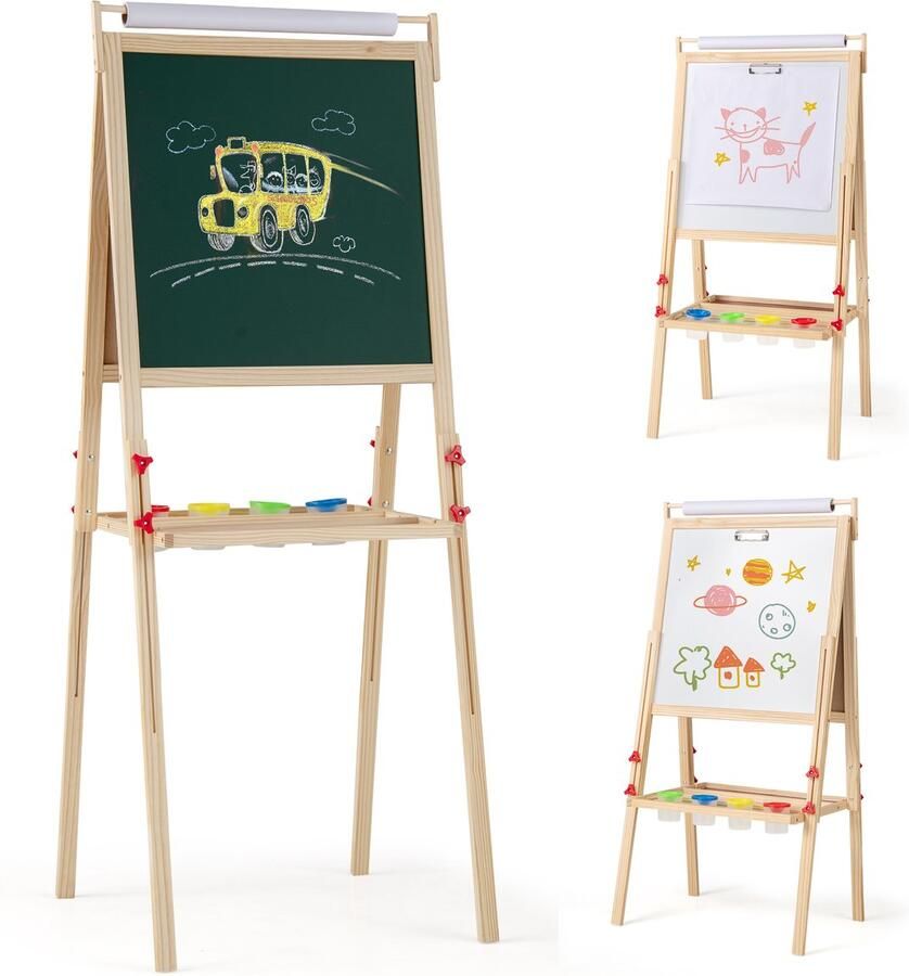 COSTWAY 3-in-1 schoolbord voor kinderen dubbelzijdig kinderbord in hoogte verstelbaar met magnetisch krijtbord whiteboard papierrol en 4 gekleurde bekers ezel staand bord voor kinderen vanaf 3