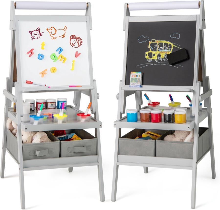 COSTWAY 3-in-1 schoolbord voor kinderen dubbelzijdig kinderbord met papierrol magnetisch krijtbord en whiteboard incl. 3 gekleurde bekers en 2 dozen schildersezel voor kinderen vanaf 3 jaar