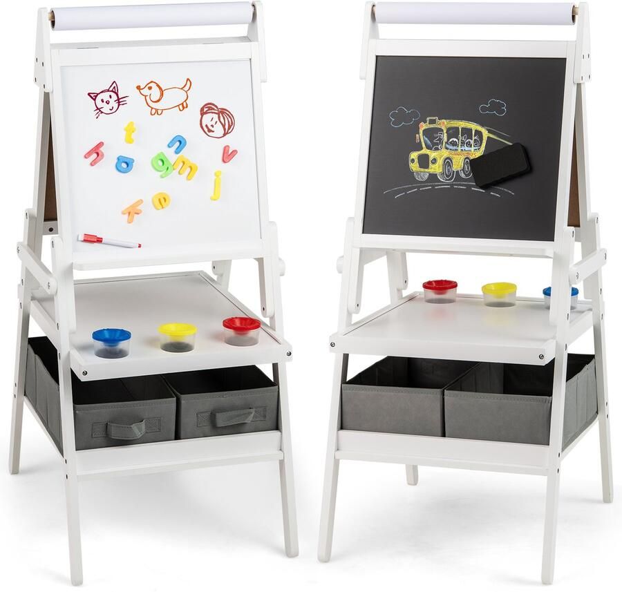 COSTWAY 3-in-1 schoolbord voor kinderen dubbelzijdig kinderbord met papierrol magnetisch krijtbord en whiteboard incl. 3 gekleurde bekers en 2 dozen schildersezel voor kinderen vanaf 3 jaar (wit)