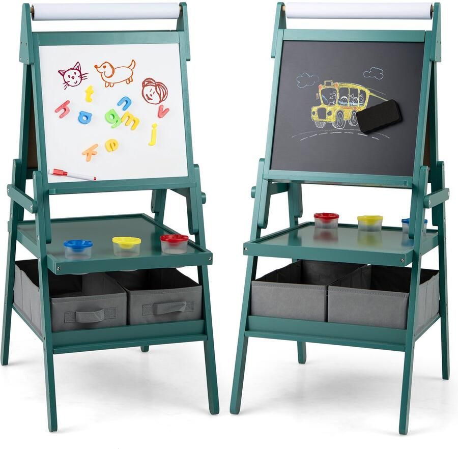 COSTWAY 3-in-1 schoolbord voor kinderen dubbelzijdig kinderbord met papierrol magnetisch krijtbord en whiteboard incl. 3 gekleurde bekers en 2 dozen schildersezel voor kinderen vanaf 3 jaar