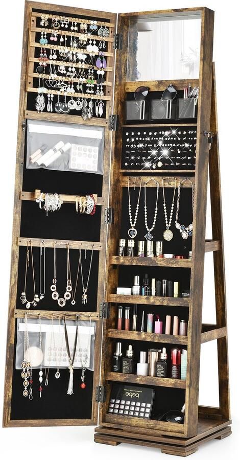 COSTWAY 360 roterende gespiegelde sieraden kast vrijstaande sieradenkast 2-in-1 afsluitbare grote capaciteit sieraden organisator met volledige lengte spiegel binnen make-up spiegel 78 ring gaten 24 kettingen haken 120 oorbel vakken