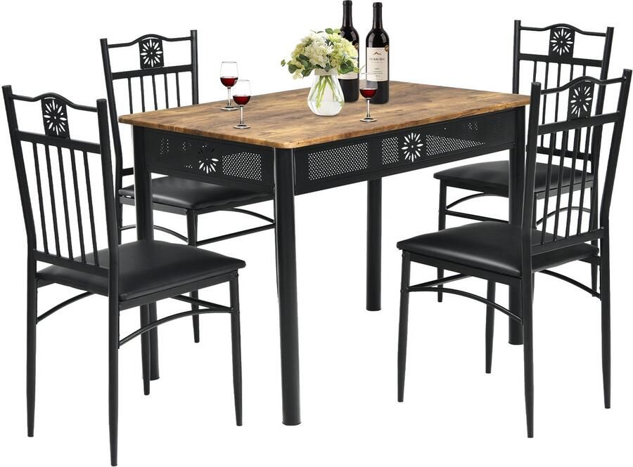 COSTWAY 5-delige eettafelset eetgroep met 4 gevoerde stoelen keukentafel bistrotafel eetkamergroep zitgroep 4 personen hout voor keuken eetkamer (zwart)