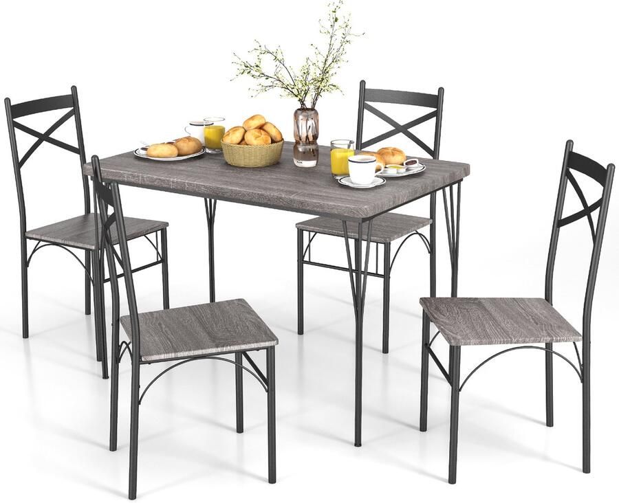 COSTWAY 5-delige eettafelset keukentafel met 4 stoelen eetgroep voor 4 personen eetkamergroep zitgroep metalen frame voor keuken eetkamer ruimtebesparend