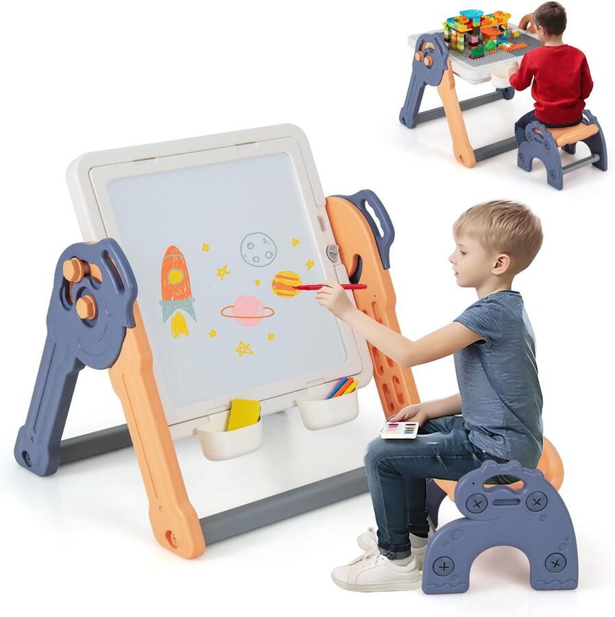 COSTWAY 6-in-1 kindertafel met stoel inklapbaar speeltafel + schildersezel met dubbelzijdig en afneembaar tafelblad 102 bouwstenen opbergruimte activiteitstafel leertafel voor kinderen vanaf 3