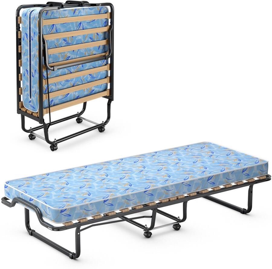 COSTWAY 80 x 200 cm logeerbed inklapbaar met matras van traagschuim klapbed met stevig stalen frame tot 120 kg metalen bed op wielen voor logeerkamer camping blauw
