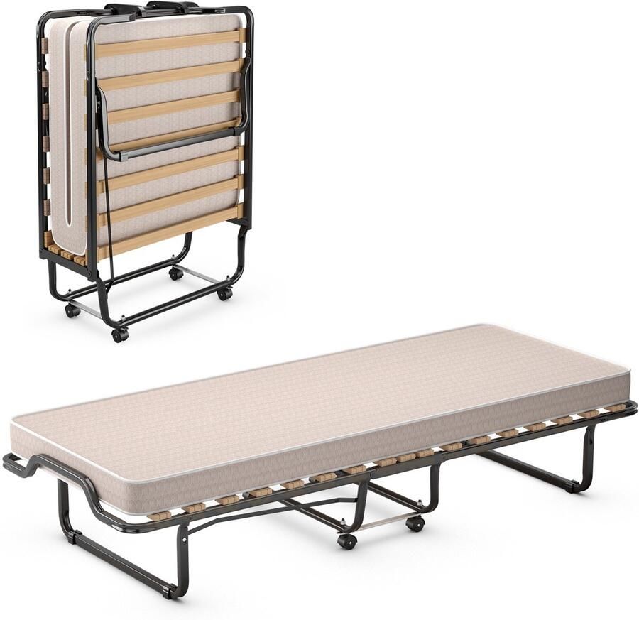 COSTWAY 90 x 200 cm logeerbed met matras van traagschuim inklapbaar eenpersoonsbed stabiel metalen bed tot 120 kg klapbed op wielen vouwbed voor kantoor en logeerkamer draagbaar bed (beige)
