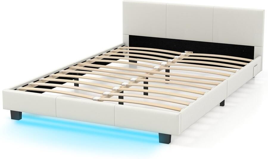 COSTWAY Bed met ledverlichting 140 x 200 cm gestoffeerd bed met lattenbodem tweepersoonsbed met hoofdeinde bedframe wit